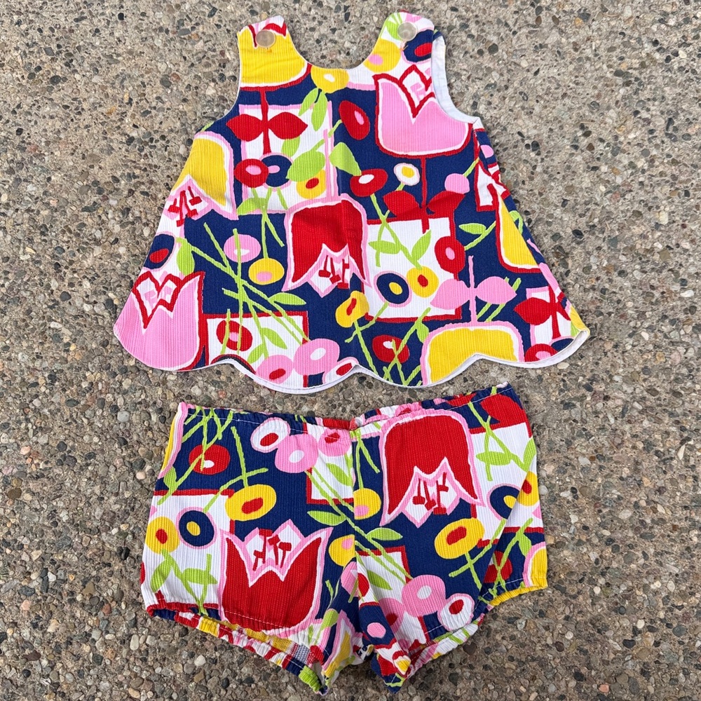 1970s Vintage Baby Outfit Set Floral Mod Print 9–12M Holiday Sportswear